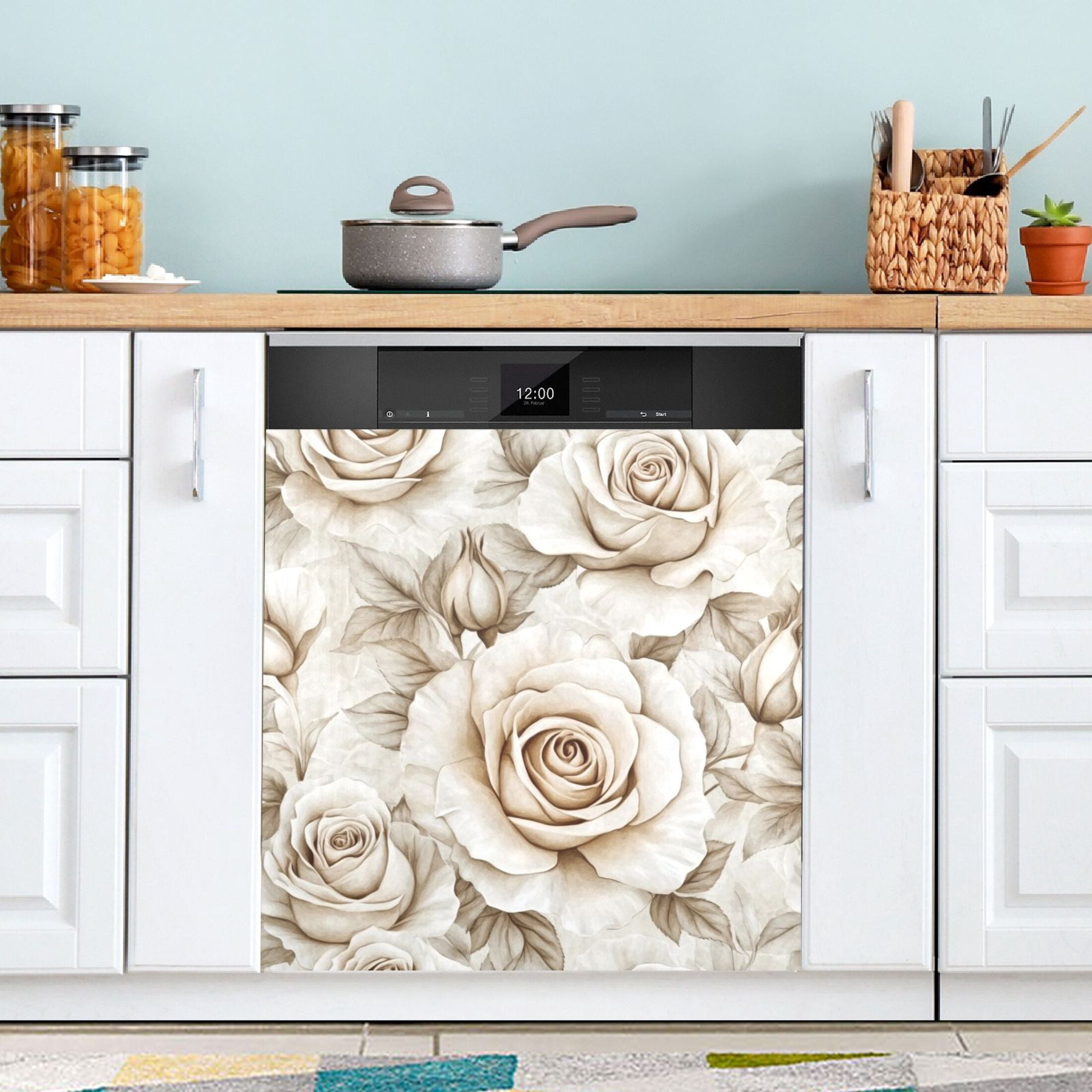Dishwasher Magnetic Sticker 23x26 Inch Refrigerator Magnetic Sticker Washing Machine Magnetic Sticker Kitchen Panel Magnetic Sticker Home Decor Cartoon White Flowers Seamless