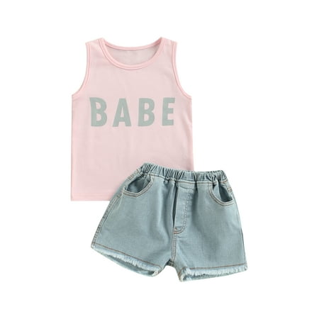

CenturyX Summer Fashion Toddler Baby Girls Clothes Sets Letter Printed Sleeveless Tank Tops Denim Blue Shorts 2pcs Outfit Pink 3-4 Years