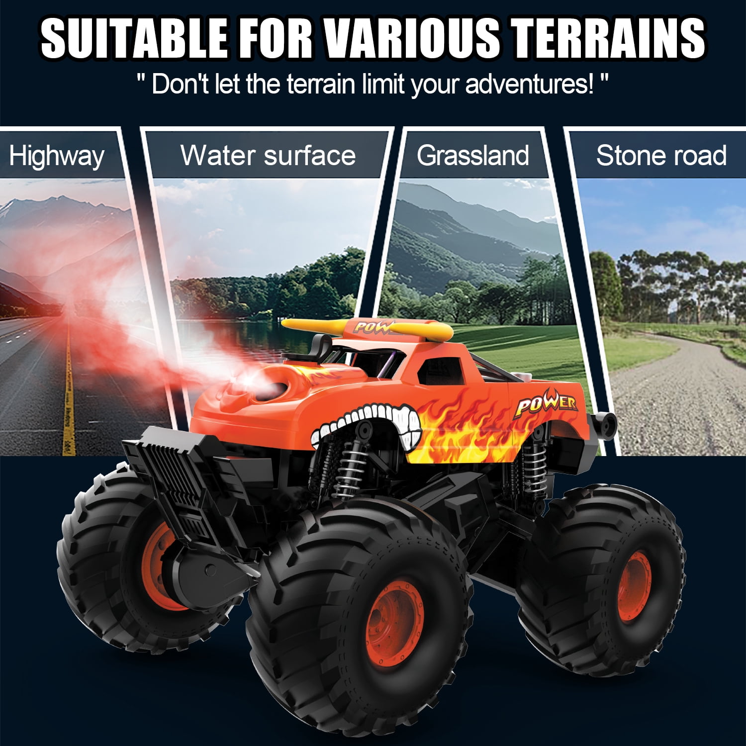 Fistone Amphibious Remote Control Car, 2.4GHz RC Monster Truck with Spray and Light, 4WD All-terrian Off-Road Amphibious Vehicle Toy Gifts for Kids Boys/Girls Age 6+