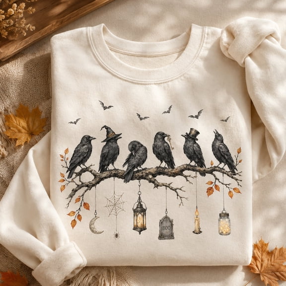 Halloween Raven Shirt, Gothic Crow Sweatshirt, Spooky Birds on Branch Hoodie and T-Shirt, Vintage Witchy Fall Gift for Halloween Lovers