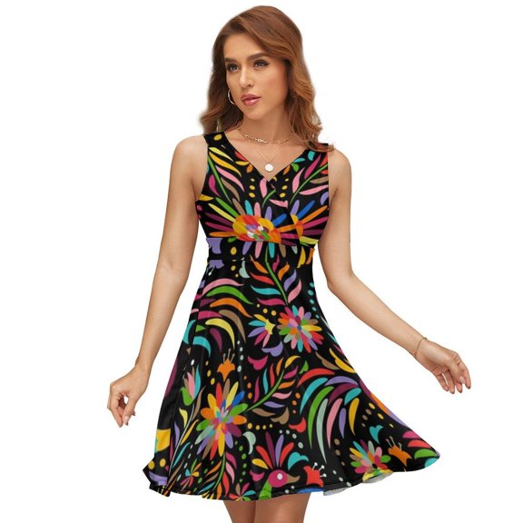 Mexican Black Pattern Dress Summer Street Style Dresses Female Sleeveless Printed Sundress
