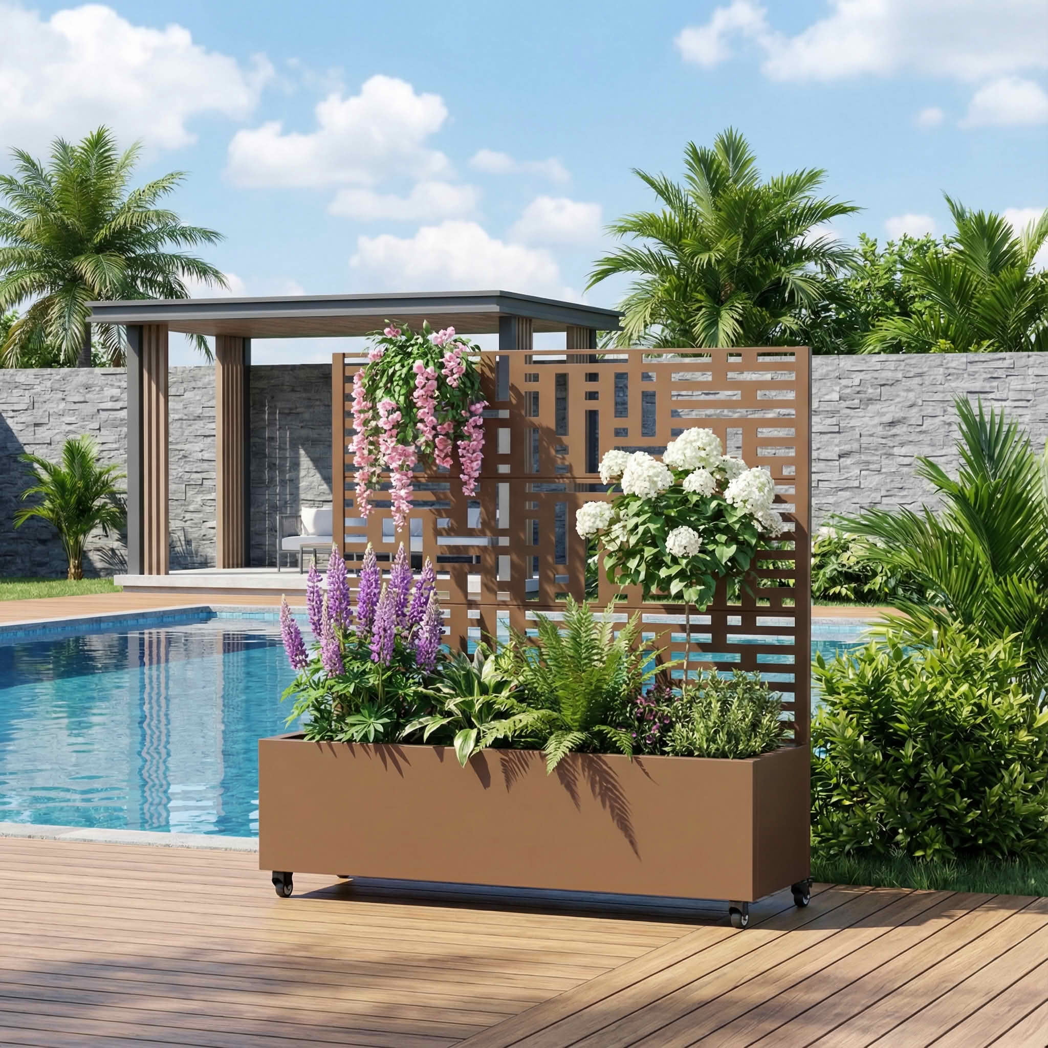 MAYEERTY 47X47" Metal Outdoor Brown Privacy Screen with Planter Box for Backyard & Garden, 3 Piece Set
