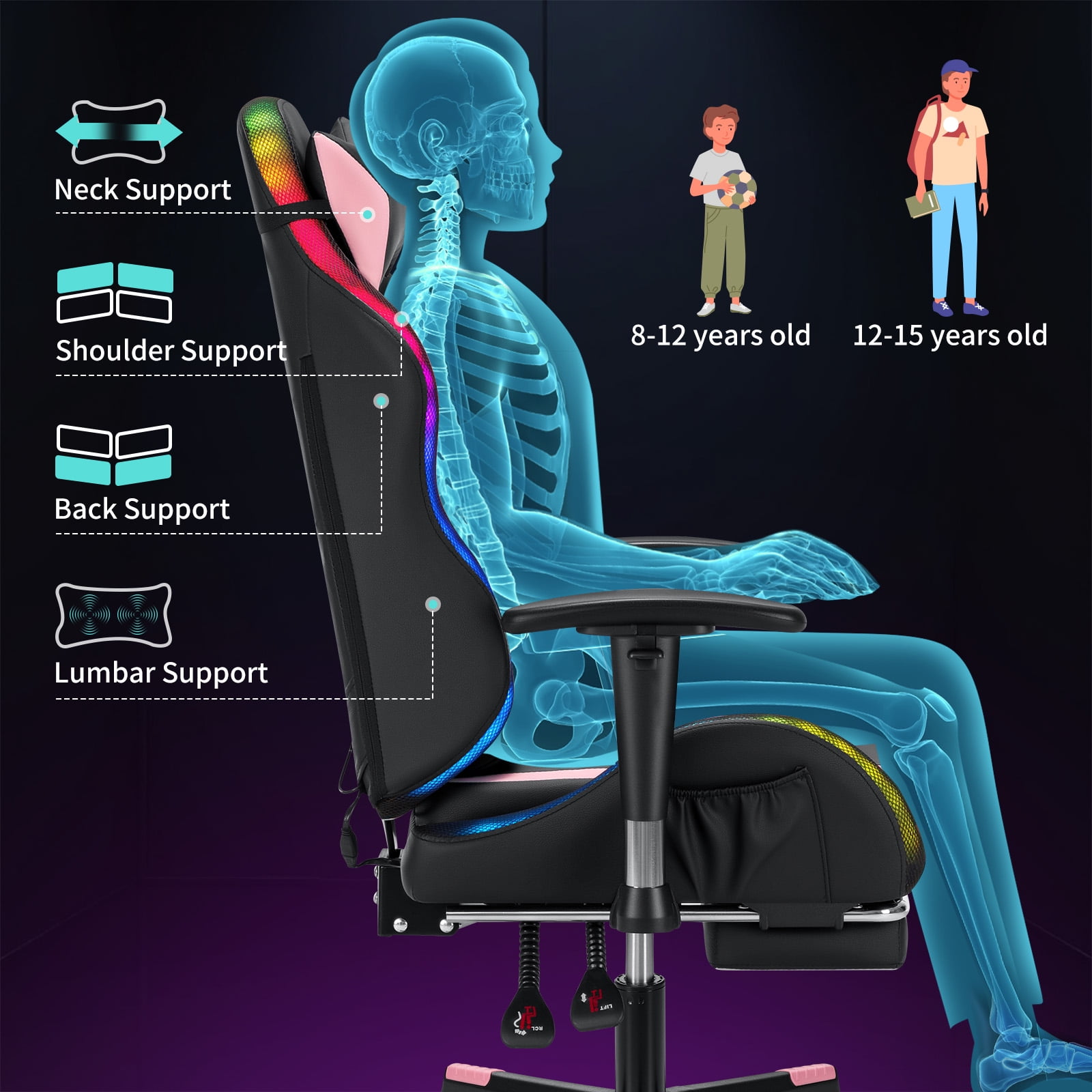 Hoffree LED Gaming Chair for Kids 8-14 Gaming Chairs for Teens with Adjustable Headrest and Lumbar Support Ergonomic PU Leather Kids Gaming Chair with Led Lights
