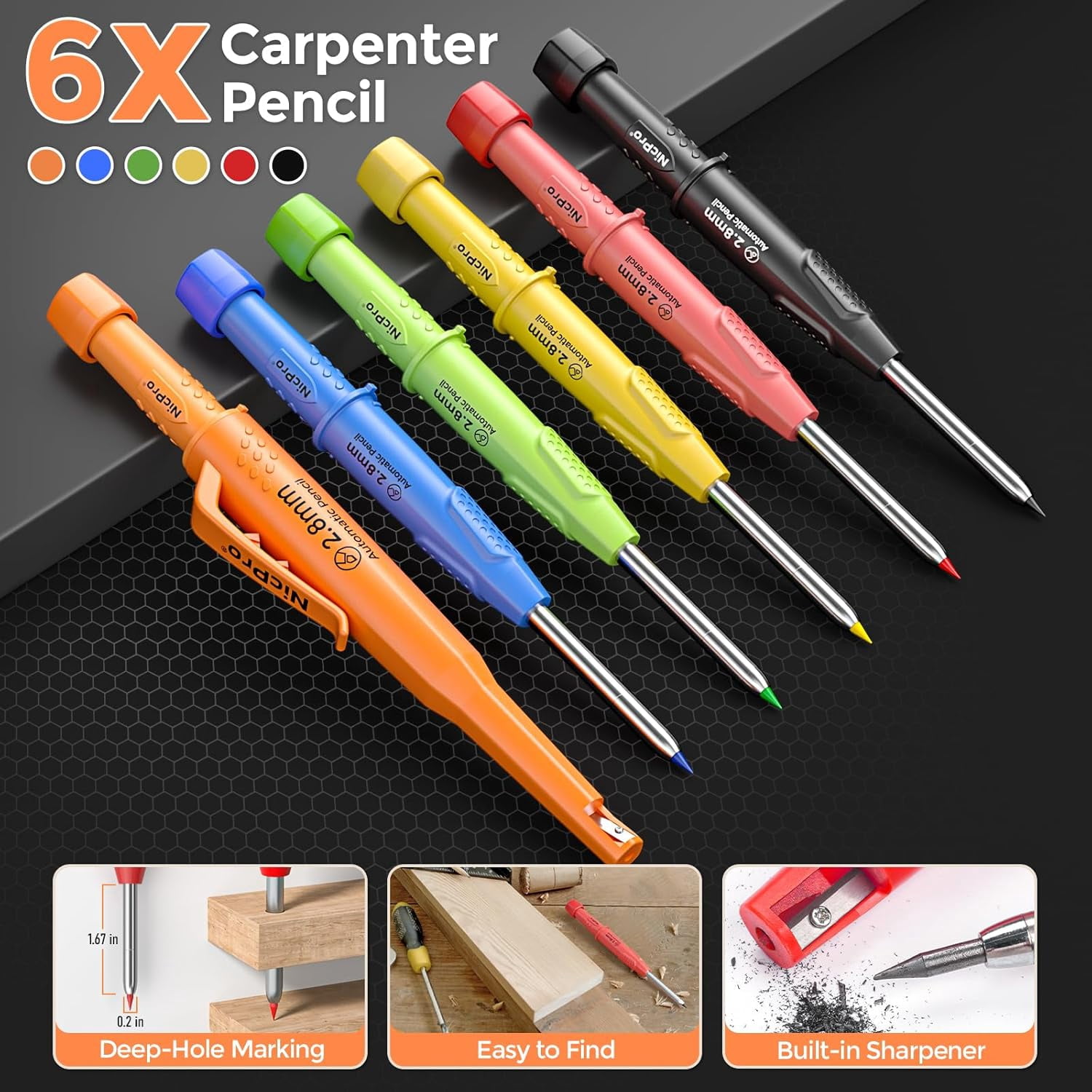 Nicpro 6 Pack CP3000 Carpenter Pencil with Sharpener, Mechanical Pencils Set with 78 Refill, Heavy Duty Construction Pencil, Carpenter Tools for Architect Marking