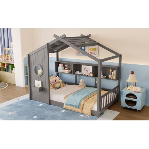 Generic Twin Size Floor House Bed for Toddler, Kids Montessori Bed with Storage Shelf, Playhouse Bed with Roof Design, Gray