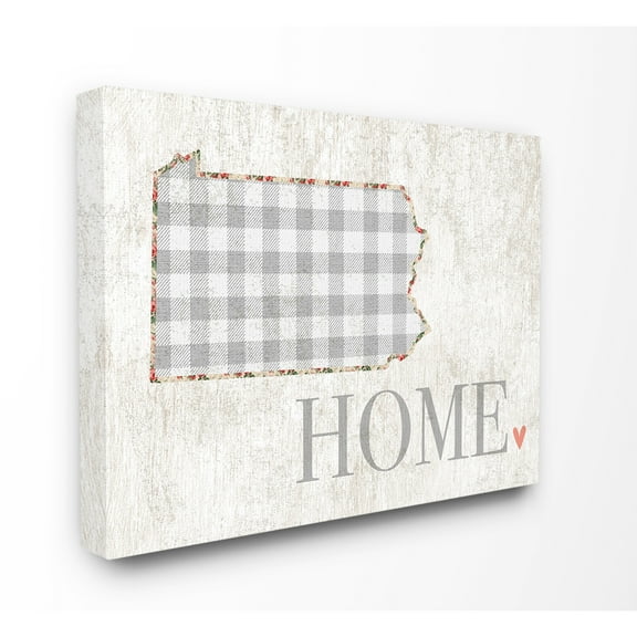 Pennsylvania Grey Gingham and Floral Heart and Home Stretched Canvas Wall Art, 30 x 1.5 x 40