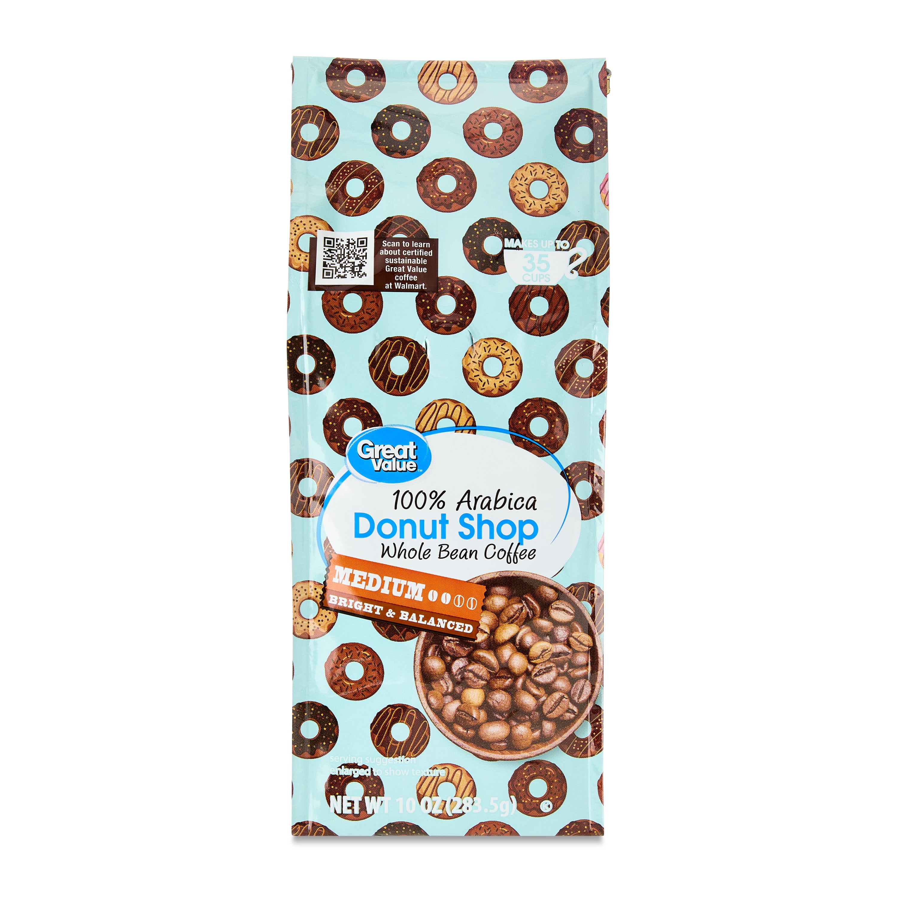 (6 pack) Great Value Donut Shop Whole Bean Coffee, Medium Roast, 10 oz