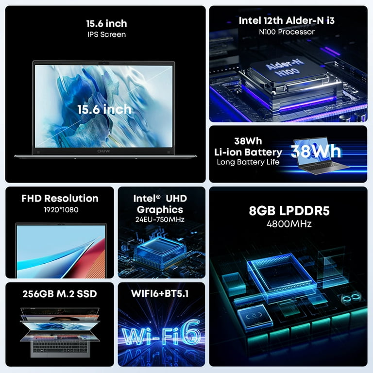 CHUWI 2023 GemiBook Plus Laptop 15.6'', 512GB SSD 16GB LPDDR5, 12th Gen  Intel N100(Up to 3.4GHz), Windows 11 Laptops Computer, 1TB SSD Expend, IPS  FHD