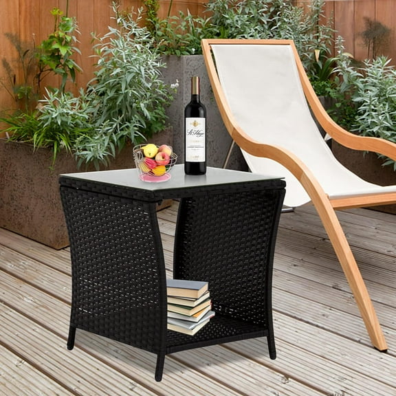 JSUN7 Outdoor Wicker Side Table - Patio Side End Tables, Square Patio Bistro Table with Storage and Glass Top, Outdoor Furniture for Courtyard, Balcony, Black