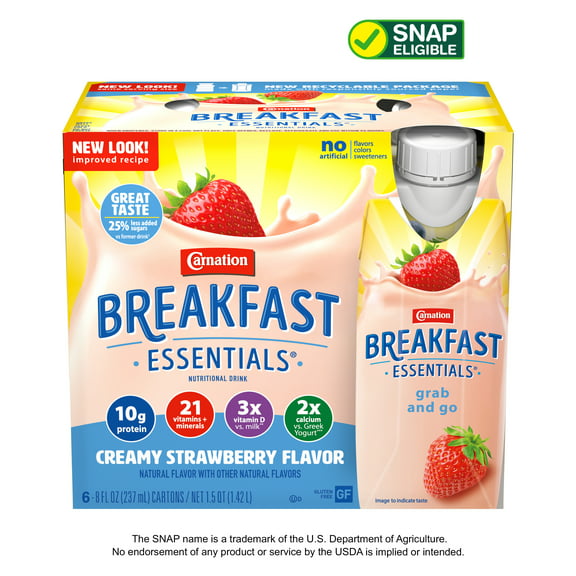 Carnation Breakfast Essentials Nutritional Drink, Creamy Strawberry, 10 g Protein, 6 - 8 fl oz Cartons
