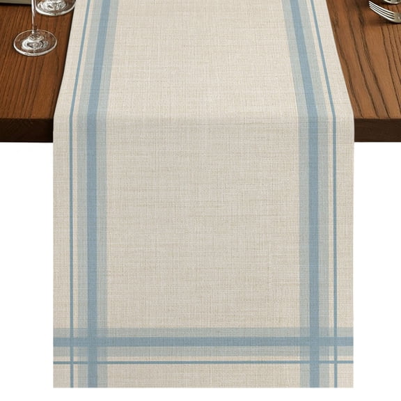 Minimalist Stripes Burlap Cotton Table Runner 13x108 Inches Long, Modern Simple Blue Grid Lines Beige Farmhouse Table Runners, Outdoor Dining Tablecloths Decor for Baby Shower/Party/Wedding