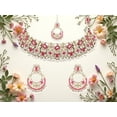 thumbnail image 3 of South Indian Kundan Bridal Choker Necklace Set with White & Dark Pink Stones, Pearl Guttapusalu, Drop Earrings & Maangtikka for Women, 3 of 9
