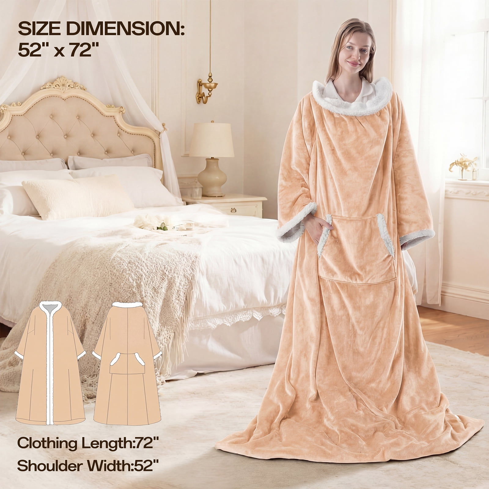 ELEKA Wearable Heated Blanket with Foot Pocket，Electric Blanket with Sleeves，6 Heating Levels,4 Hours Heating Time Settings，Beige，52*72