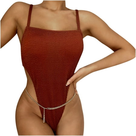QLEICOM Womens Swimsuits Tummy Control Plus Size Swimsuit Coverup Fashion Casual One-Piece Swimsuit Lace Sexy Chain Thong Thin Straps Solid Color Bikini Brown S