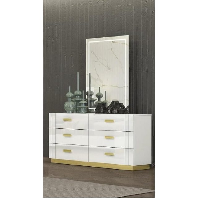 K-Living Tanner Dresser In White With Titanum Gold Metal Accent And Mirror With Led Lights