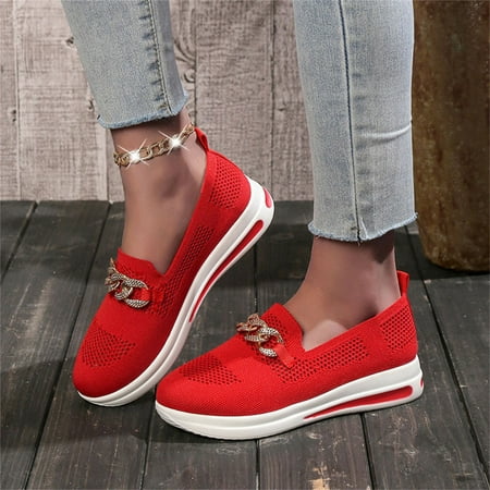 XIAQUJ Ladies Fashion Solid Color Mesh Metal Chain Decorative Thick Soled Casual Sports Shoes Women s Fashion Sneakers Red 8.5(41)