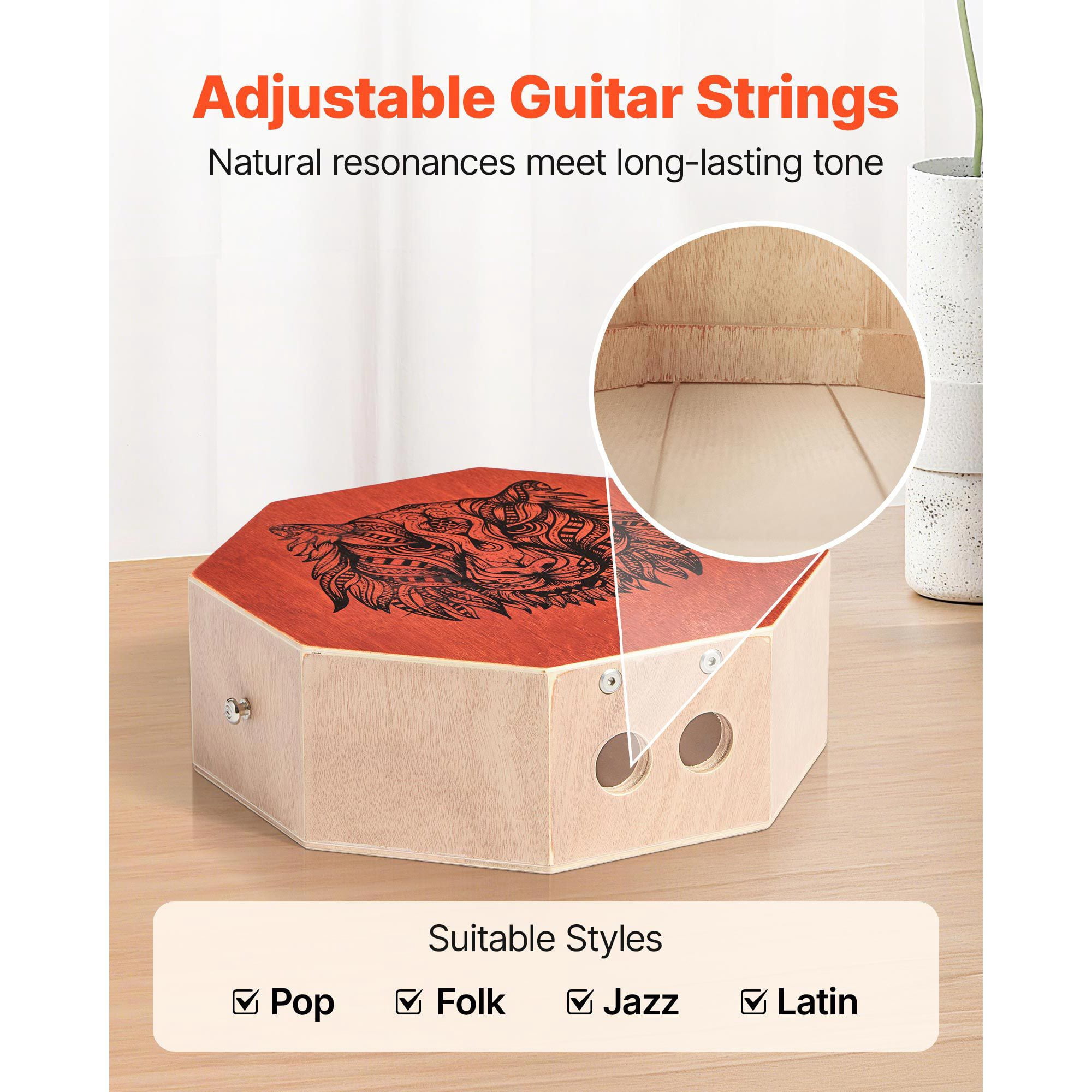 Cajon Box Drum with Internal Guitar Strings, Portable Wooden Percussion Box, Birch Wood Drum Musical Instrument with Adjustable Strap, for Beginners & Professionals, 11.6 x 11.6 x 4 in
