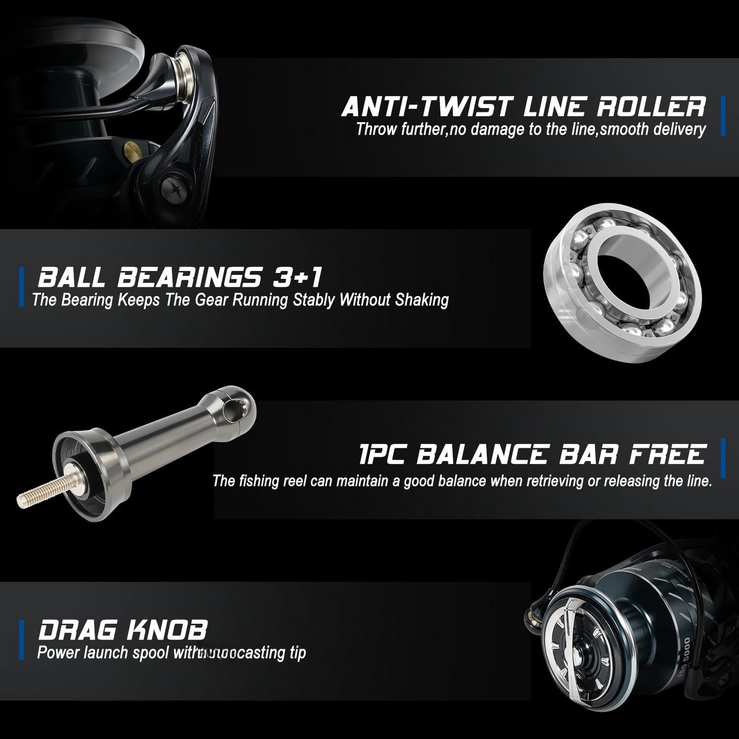 Spinning Fishing Reel 5.0:1/4.7:1 Gear Ratio 3+1bb High Strength Aluminum Design Ultra-smooth Operation With Free Balance Bar 1000 2000 3000 4000 5000series