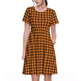 thumbnail image 1 of Easygdp Black And Orange Houndstooth para Vestido Transpirable de Mujer, Vestido Suelto de Manga Corta con Pliegues y Bolsillos para el Verano, 1 of 6