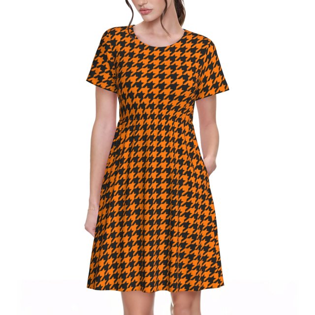 Easygdp Black And Orange Houndstooth para Vestido Transpirable de Mujer, Vestido Suelto de Manga Corta con Pliegues y Bolsillos para el Verano