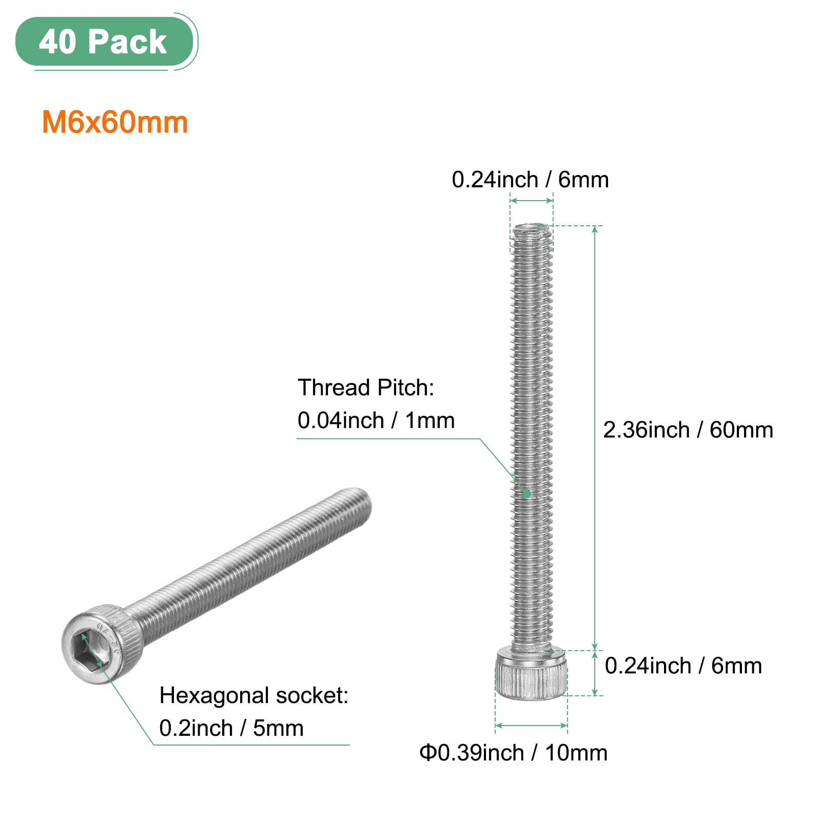 Uxcell 40-Pack Socket Head Cap Screws Bolts M6x60mm 1mm Pitch Stainless Steel for String Trimmer Chainsaw [Silver]