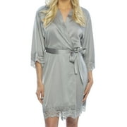Women's Gray Silky Lace Trimmed Robe, Kimono Bathrobe, Wedding Day and Bridesmaid Robe/ size L-XL