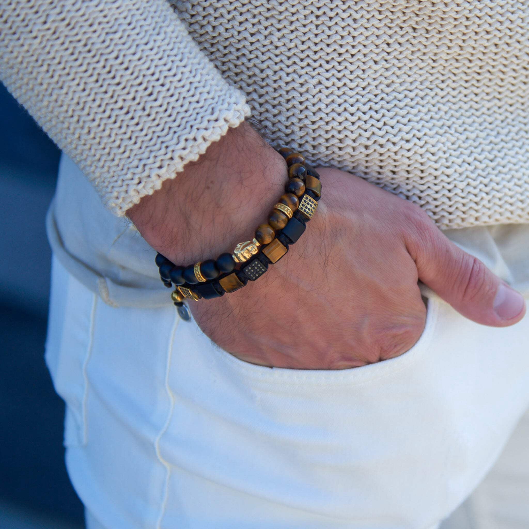 Men's Tiger Eye, Black Onyx Flat Bead Bracelet | Gift for Men | One Size Fits All | 100% Natural | Gemstone Adjustable Bracelet