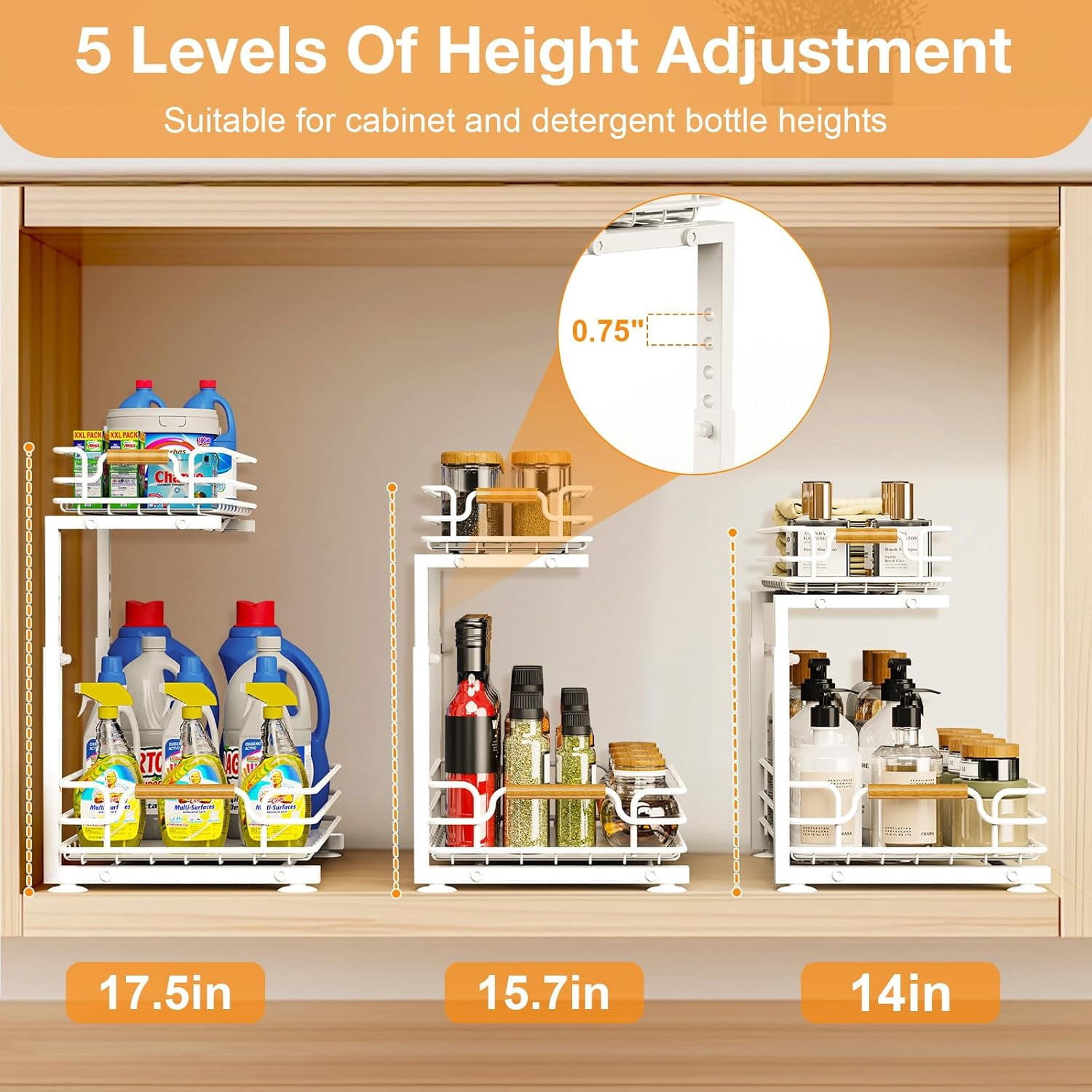 Under Sink Organizer, 2 Tier Pull out Under Kitchen Bathroom Sink Organizer and Storage, Metal Sliding Drawer for Cabinet Pantry Undersink Organizers Shelf (White, 2 Pack)
