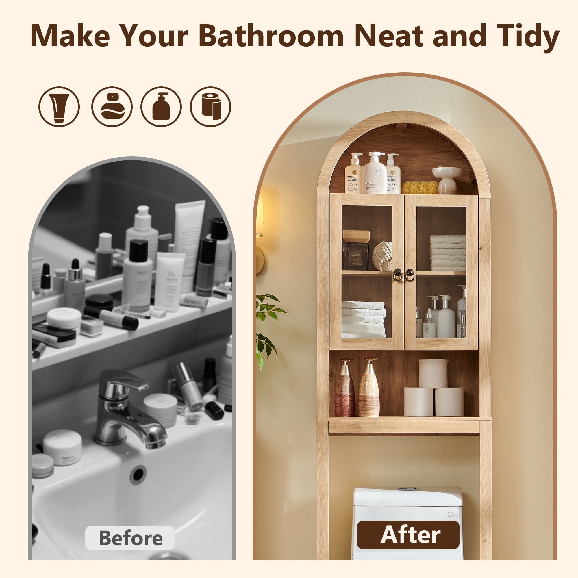 SinCiDo Arched Over The Toilet Storage Cabinet, Modern Bathroom Shelf Over Toilet with Acrylic Doors, Wooden Bathroom Space Saver Organizer above Toilet with Adjustable Shelf