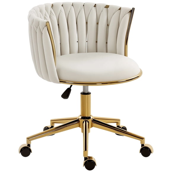 Cream White Velvet Office Chair with Woven Back, Adjustable Height Swivel Desk Chair & Vanity Seat, Gold Steel Base, 22.4"W x 20.9"D x 26.8"-30.7"H for Home or Office
