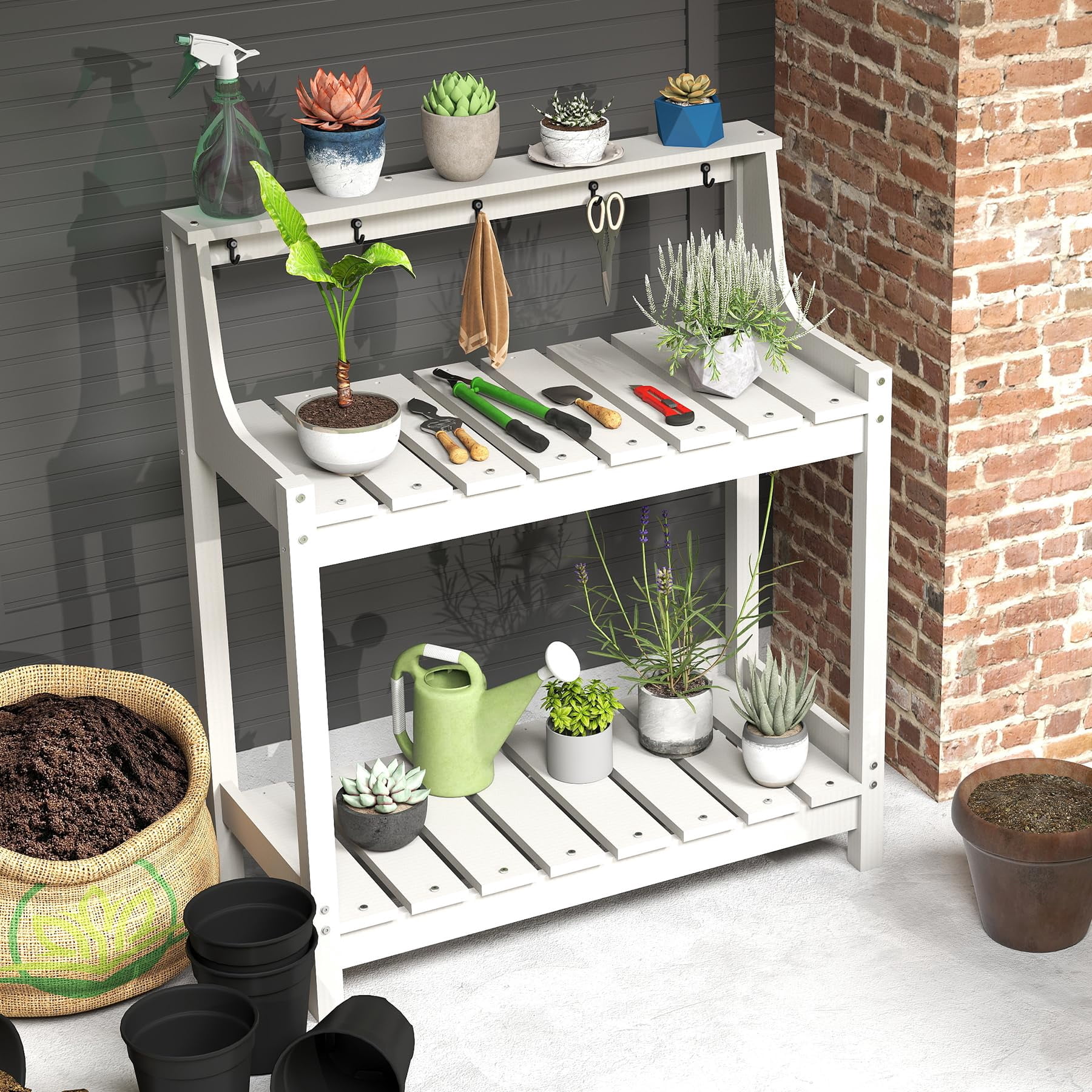 HDPE Outdoor Potting Bench, All-Weather Garden Potting Table, 3-Tier Storage Workstation for Patio Backyard Garden
