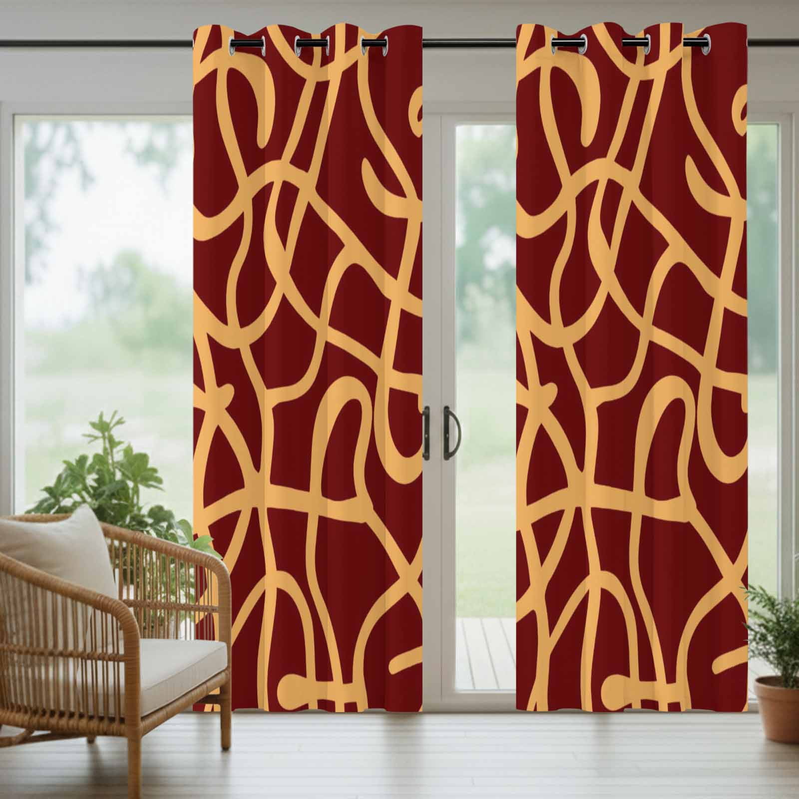 Abstract Line Outdoor Curtains for Patio, Retro Pattern Orange Wave Line Art Red Minimalist Sunshade Privacy Drapes Grommet Waterproof Outside Curtains for Porch/Cabana/Balcony 54"x 108", 1 Panel