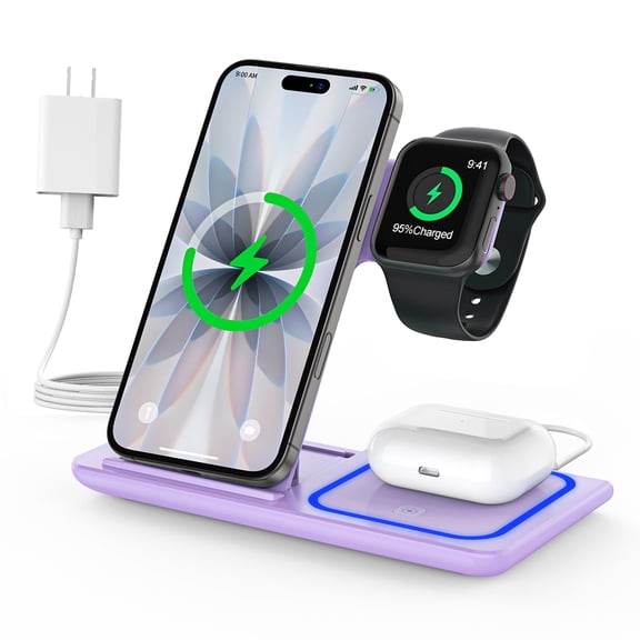 Wireless charger, 3 in 1 Wireless Charging Station for iPhone 15/14/13/12/11/Pro/Pro Max/XS, Sumsung Galaxy S23 S22 S21 S20, 18w Fast Charger Stand for iWatch 8/7/6/5/4/3, Airpods 3/2/Pro (Purple)