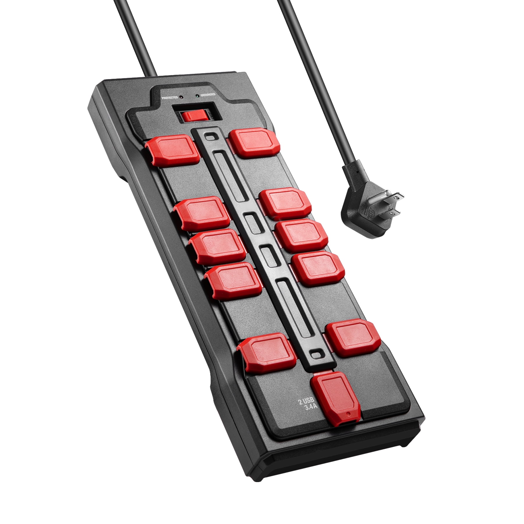 Hyper Tough Surge Protector Power Strip with Usb, 10 Safety Outlets, 10ft Extension Cord, Black/Red