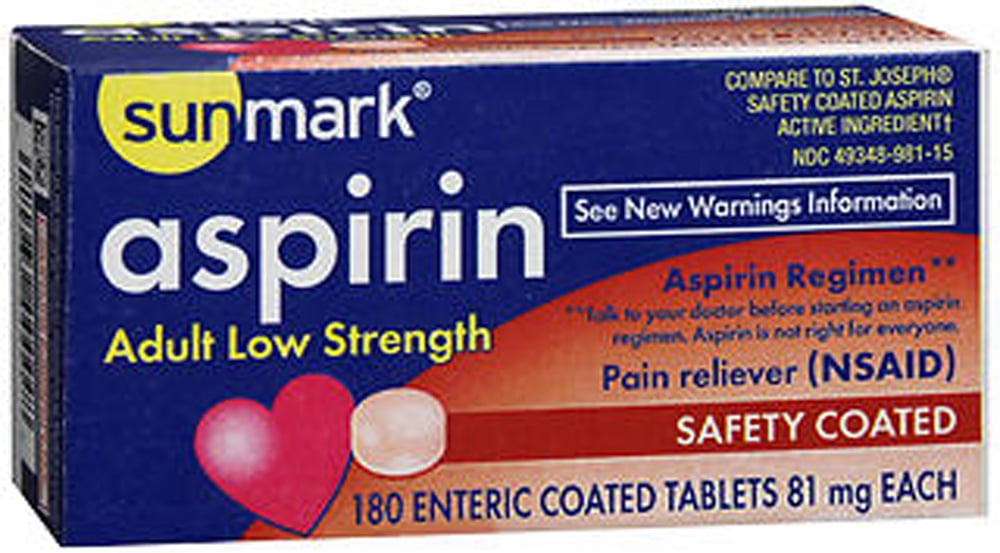 Sunmark Aspirin Adult Low Strength Tablets, 81 mg, 180 Count
