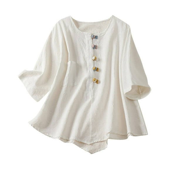 Besolor Women's Cotton Linen Boho Tops Vintage Button Embroidered Short Sleeve Shirts Summer Loose Crew Neck Blouse