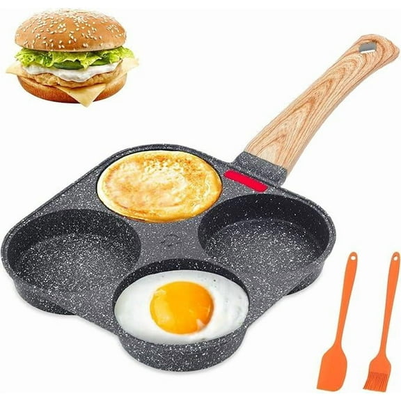 Non-stick Egg Frying Pan, 4 Holes Skillet With Handle, Multifunctional, Wooden Handle Medical Stone Omelet Non-stick Cookware frying pan