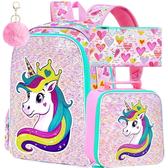 3PCS Unicorn Backpack Set for Girls, 16" Bookbag with Lunch Box & Pencil Case, Water Resistant School Bag for Preschool Kindergarten
