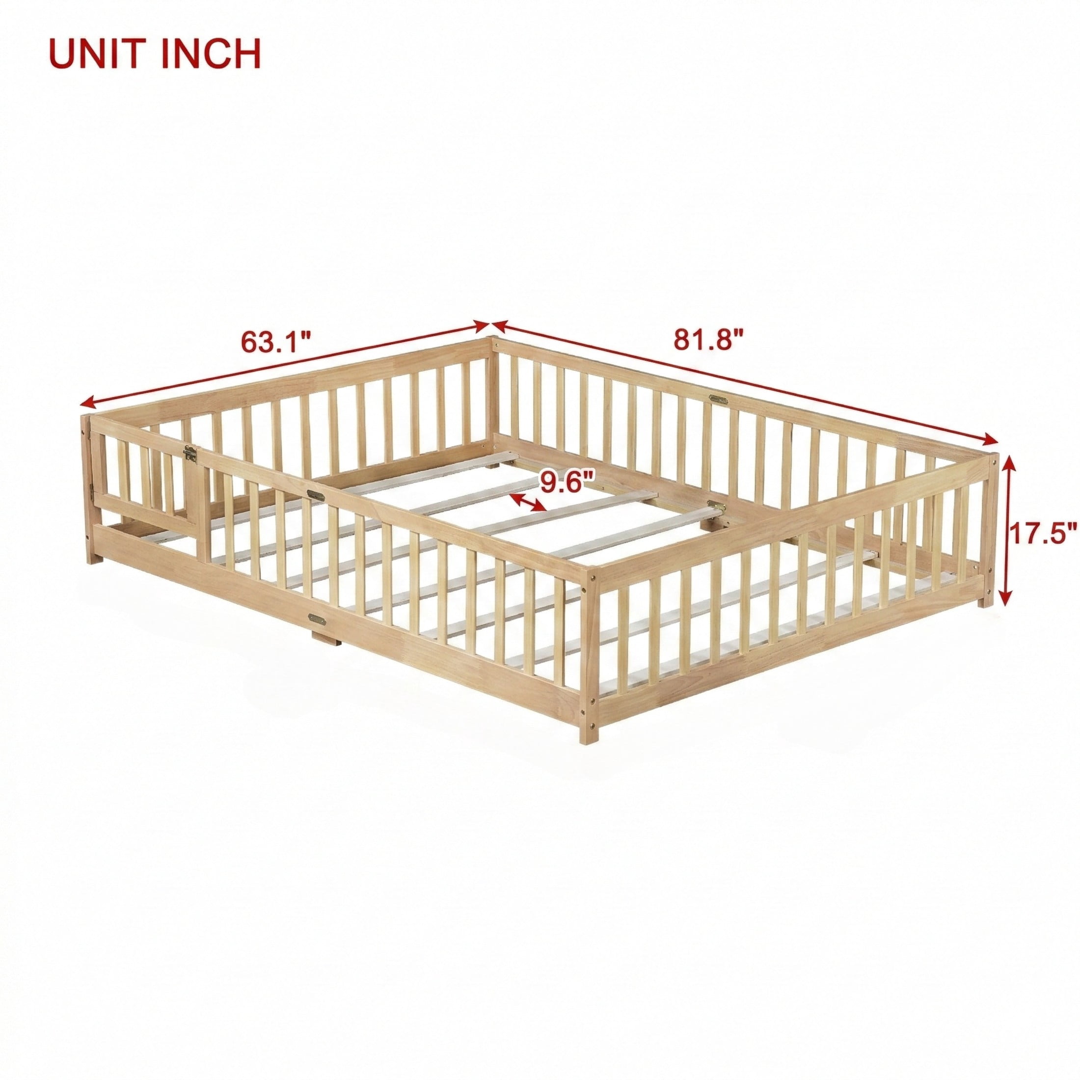 Noble House Corvel Queen Size Rubber Wooden Floor Bed with Safety Guardrails & Latching Fence Door, Natural