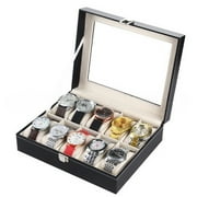 CYBER MONDAY DEALS Solid Espresso Pu Leather Watch Box Organizer with Glass Display Top 10 Slot by Case Elegance