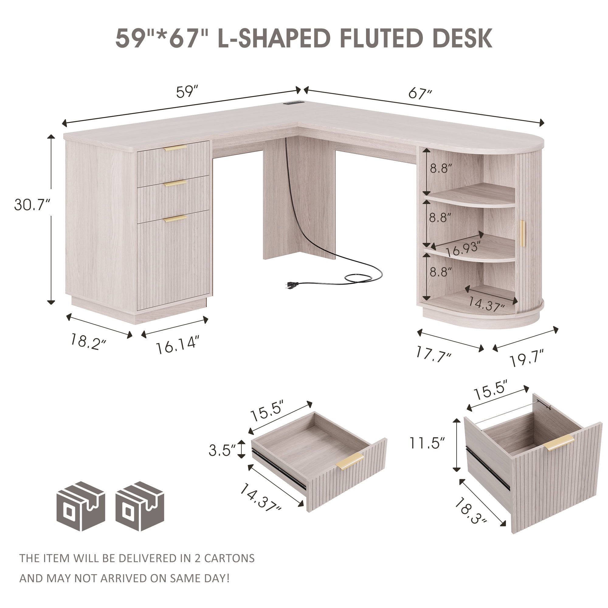 67 Inch Fluted L Shaped Desk, Mid Century Modern Corner Desk with Drawers and  Charging Station, Home Office Executive Wooden Computer Desk with Storage Cabinet & File Drawer, Alder White