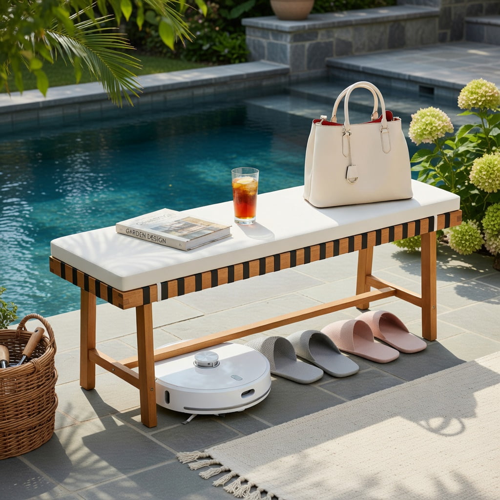 Hommoo 48" Acacia Wood Outdoor Bench with Removable Thick Cushion, Wood & Off-White Fabric, Woven Rope Seat, Heavy-Duty H-Frame, Natural