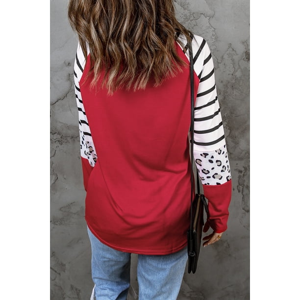 ABPHQTO Top de mujer de manga larga colorblock con estampado animal de rayas rojas