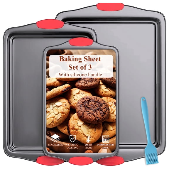 Yalumo Nonstick Baking Sheets Set of 3, Cookie Sheets for Baking with Silicone Handles for Cooking Baking Roasting, 13/15/17in Carbon Steel Baking Sheet Pans for Oven, Easy to Clean