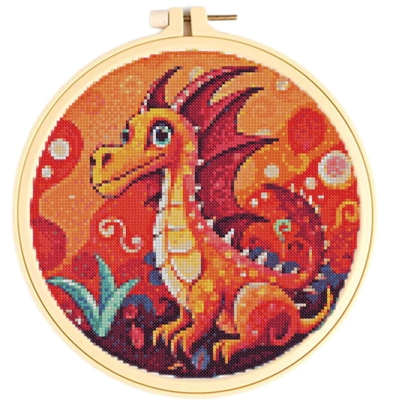 Stamped Cross Stitch Kits with Hoop for Starter Kits Cartoon Dragon DIY 11CT Pre-printed Patterns Needlepoint Embroidery Needlework Kit Set Supplies with Hoop 38x38cm