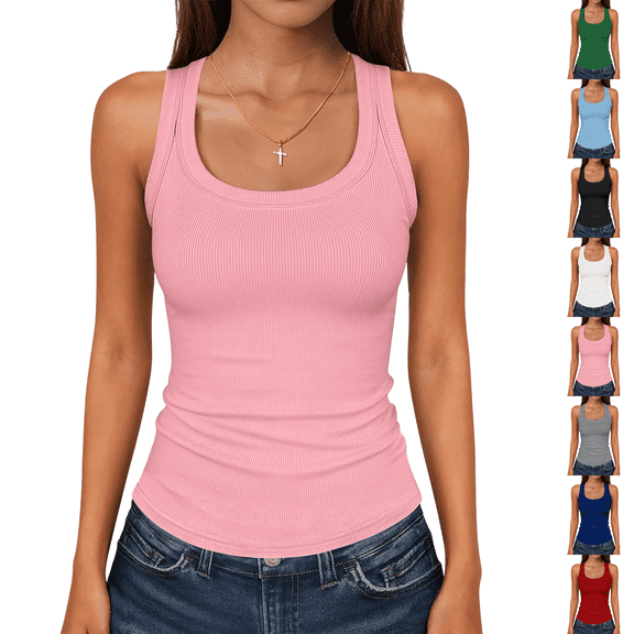 Womens Tank Tops Scoop Neck Sleeveless Ribbed Tank Summer Basic Thick Strap Slim Fitted Racerback Tops