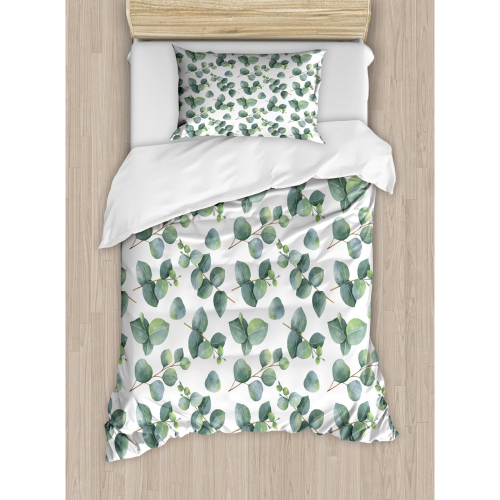 Leaf Duvet Cover Set, Watercolor Style Pattern with Silver Dollar