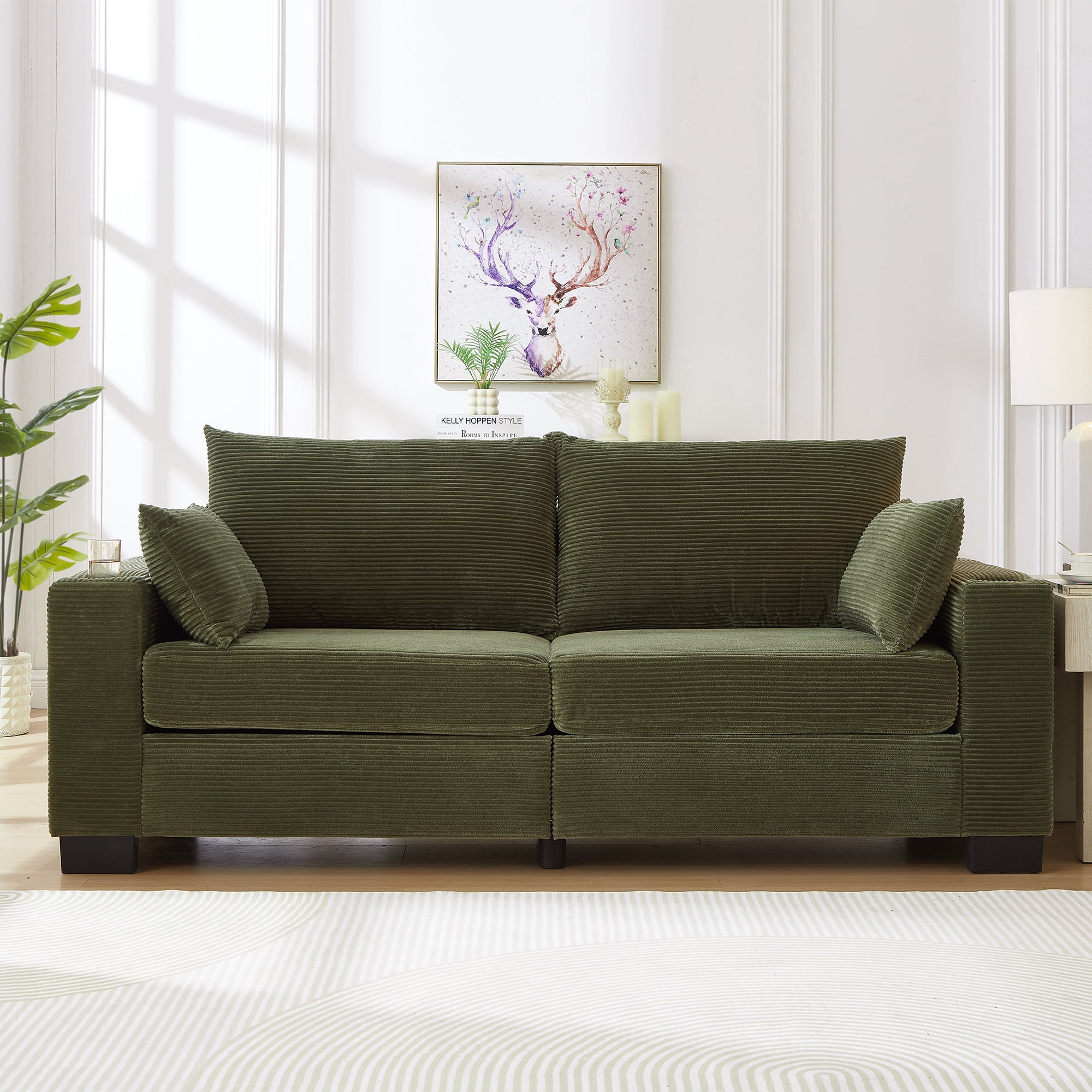 78" Corduroy Sofa,3 Seater Sofa with Extra Deep Seats,Modern Upholstered Couch with USB,Cup Holders & Side Pocket,2 Pillows for Living Room,Green
