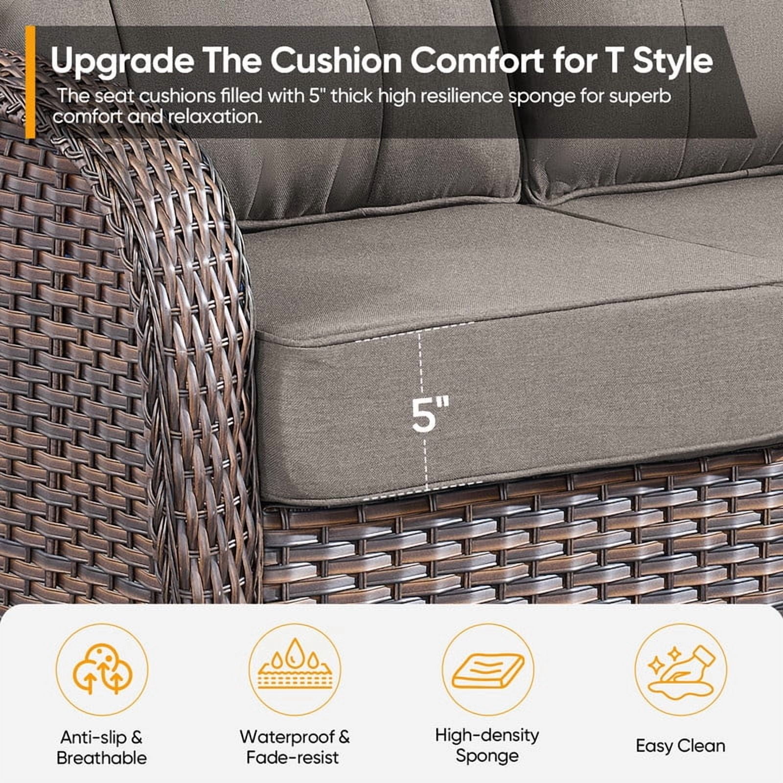 PARKWELL 8-Piece Outdoor Furniture Set with 30-Inch Propane Firepit - Rattan Cushioned Sofa and Wicker Swivel Glider Chairs,Outdoor Seating for Backyard Gatherings, Brown/Gray