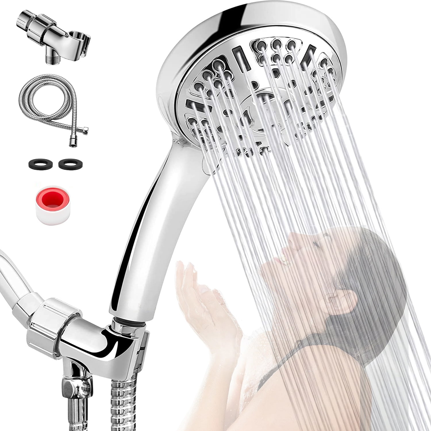 High Pressure Handheld Shower Head – 9 Spray Functions of Rain, Massage,Mist, Pause Mode, MHKJP 4.2 inch Chrome Detachable Showerhead with 60 inch Stainless Steel Hose & Adjustable Bracket